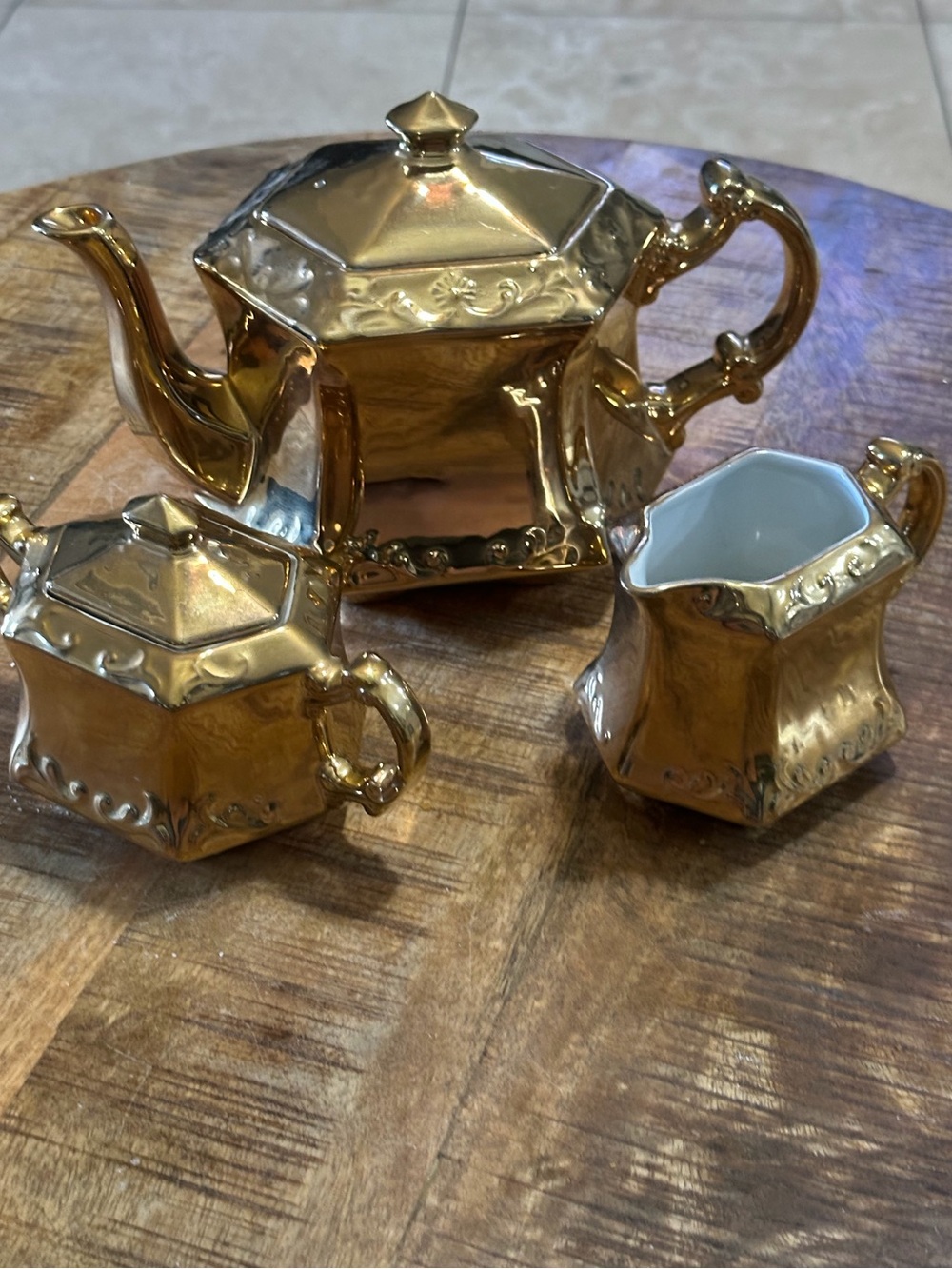 Vintage Ellgreave England Gold Luster 3-Pc Tea Set Teapot Sugar Creamer